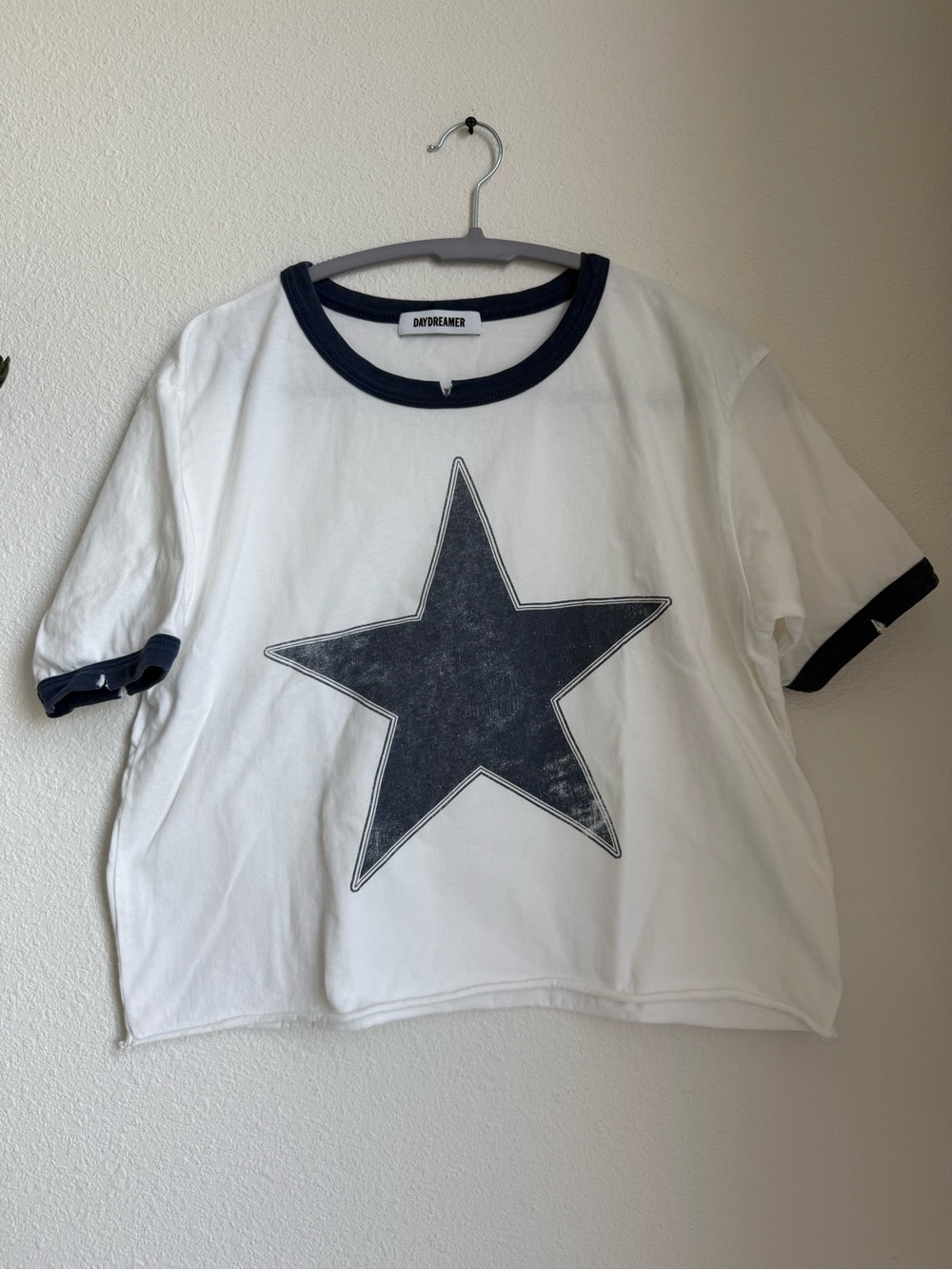 Daydreamer White Star Ringer Tee with Distressed Navy Trim and Cropped Raw Hem